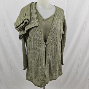 Sandy D'Andrade 3-Piece Outfit Green Open Knit Shirt Cardigan Wide Leg Pants